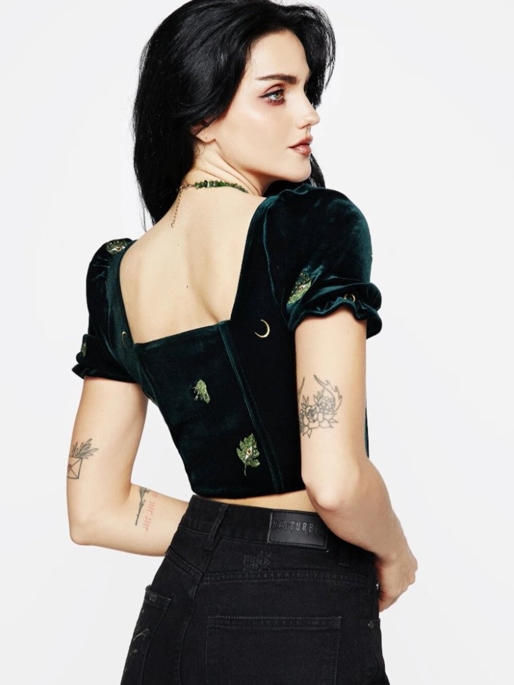 DISTURBIA Swamplife Frog Embroidered Velour Puff Sleeve Corset Top – US 6/ UK 10 - Picture 3 of 7